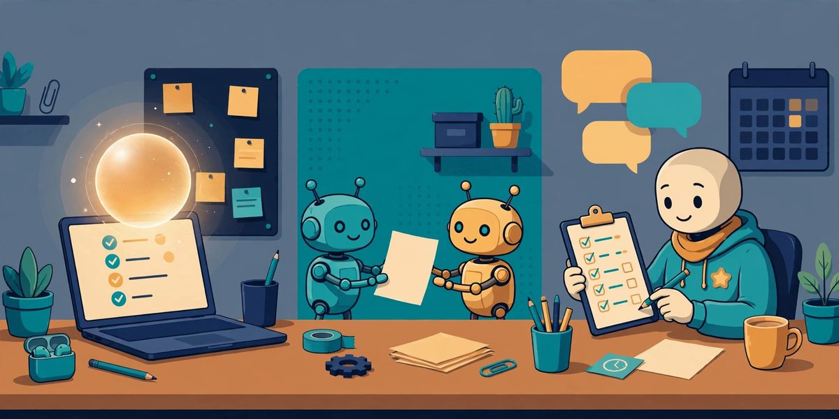 Illustration of three AI agent workstations side by side — a glowing dot, a robot teammate, and a friendly assistant — each working through a to-do list