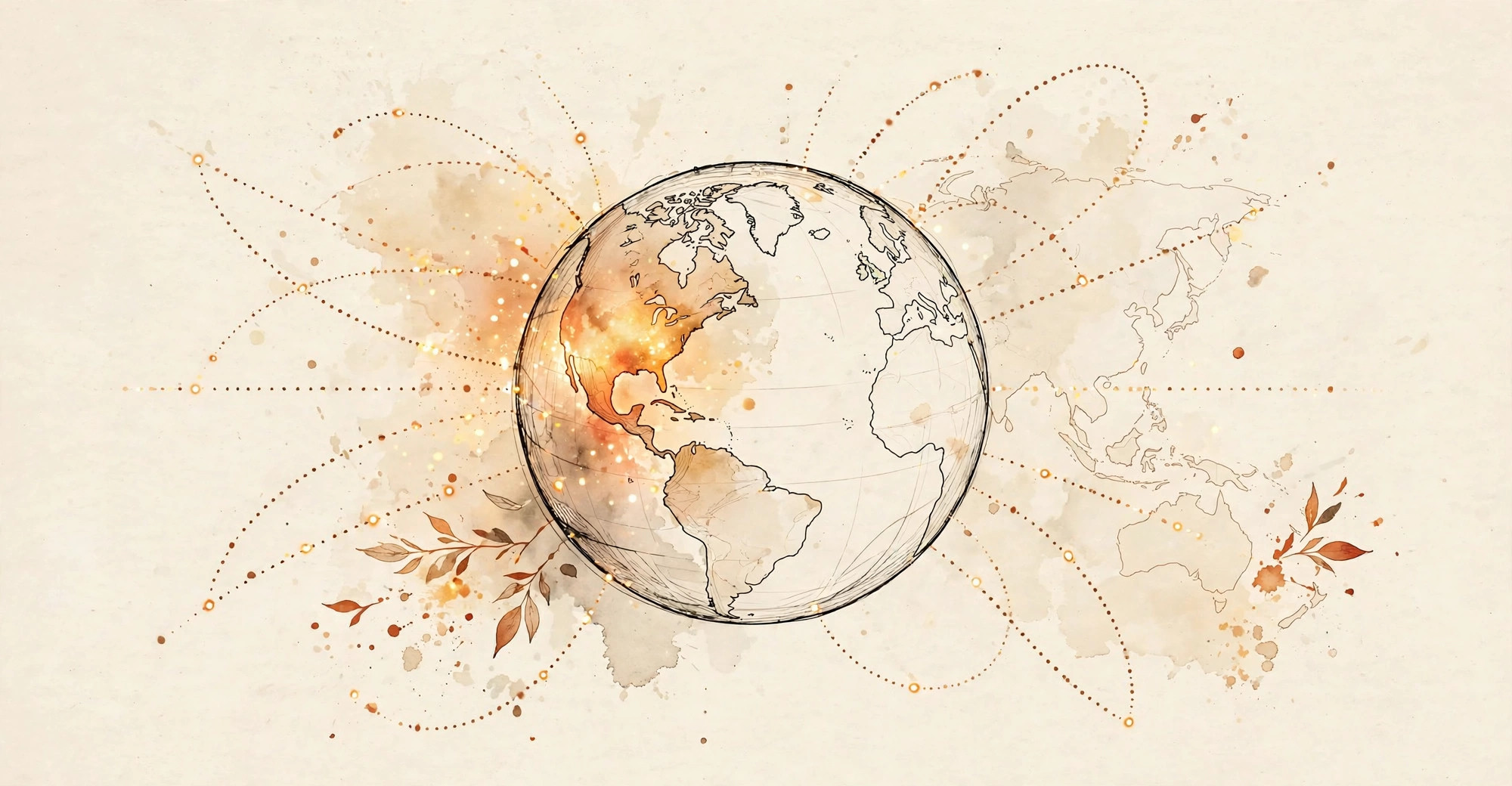 Editorial illustration of a world globe with North America glowing and other regions as faint outlines