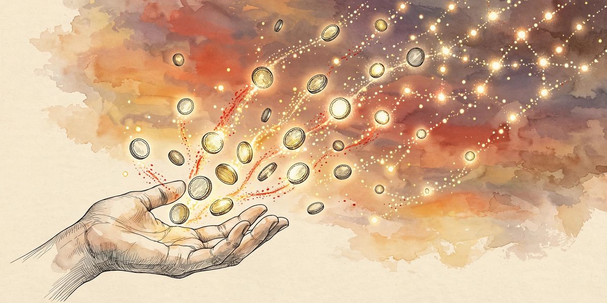 Illustration of glowing tokens rising from an open hand, symbolizing Muse AI token rewards