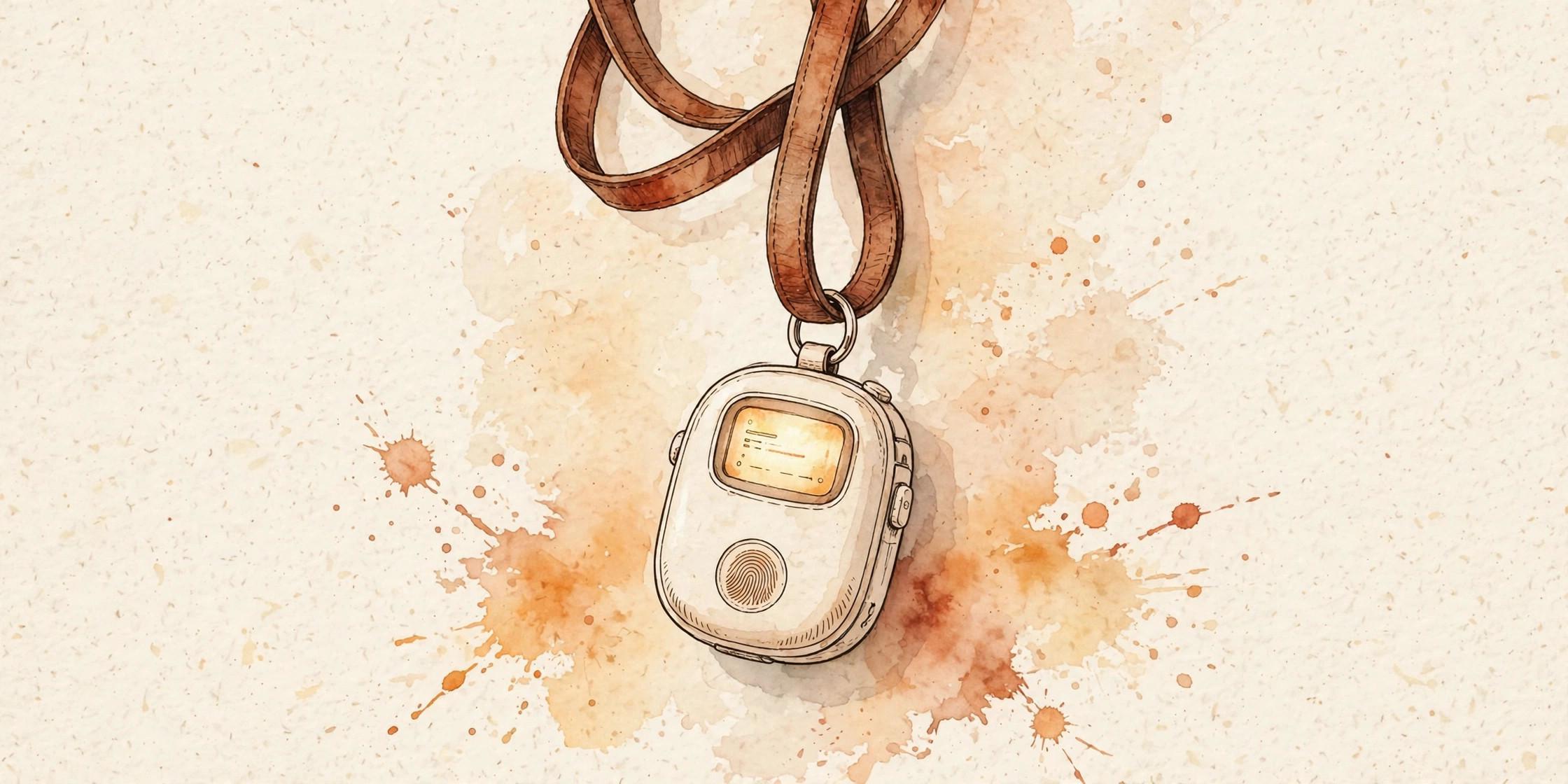 Watercolor illustration of the Muse Charm keychain gadget with a tiny screen and fingerprint sensor