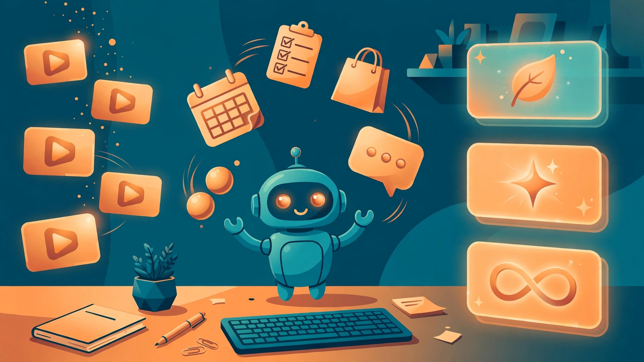 Editorial illustration of a creator desk with video play buttons, a robot assistant, and versus panels comparing three AI assistants