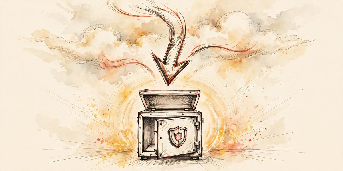 Illustration of a download arrow landing in a safe box with a shield, symbolizing safe Muse AI download