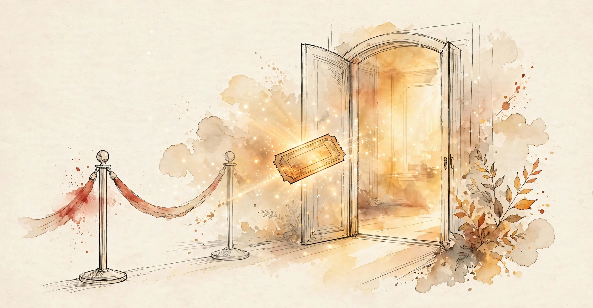 Editorial illustration of a glowing golden ticket floating toward an open doorway of light