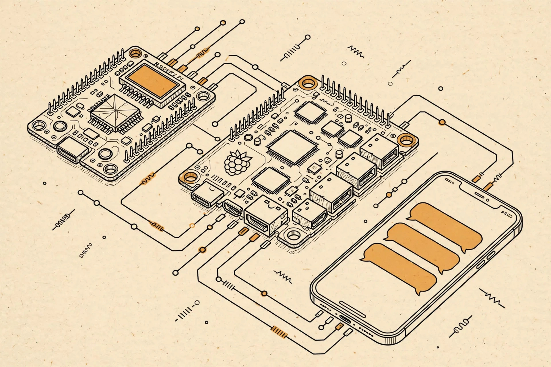Illustration of a small ESP32 development board and a Raspberry Pi wired to sensors, linked to a phone running Muse
