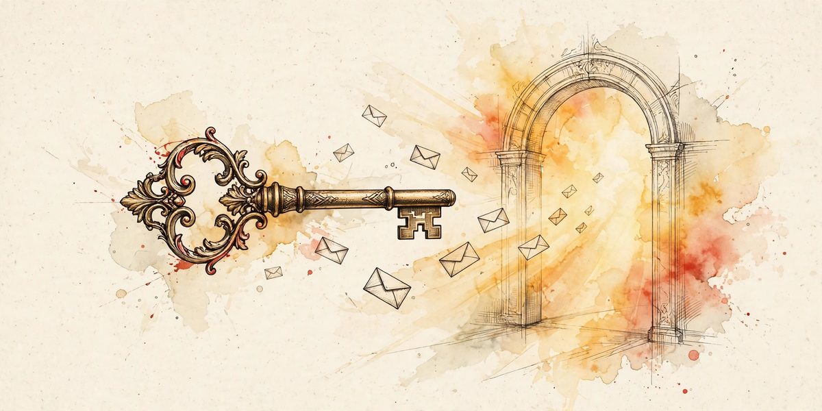Illustration of a vintage key unlocking a glowing doorway, symbolizing a Muse AI invite code