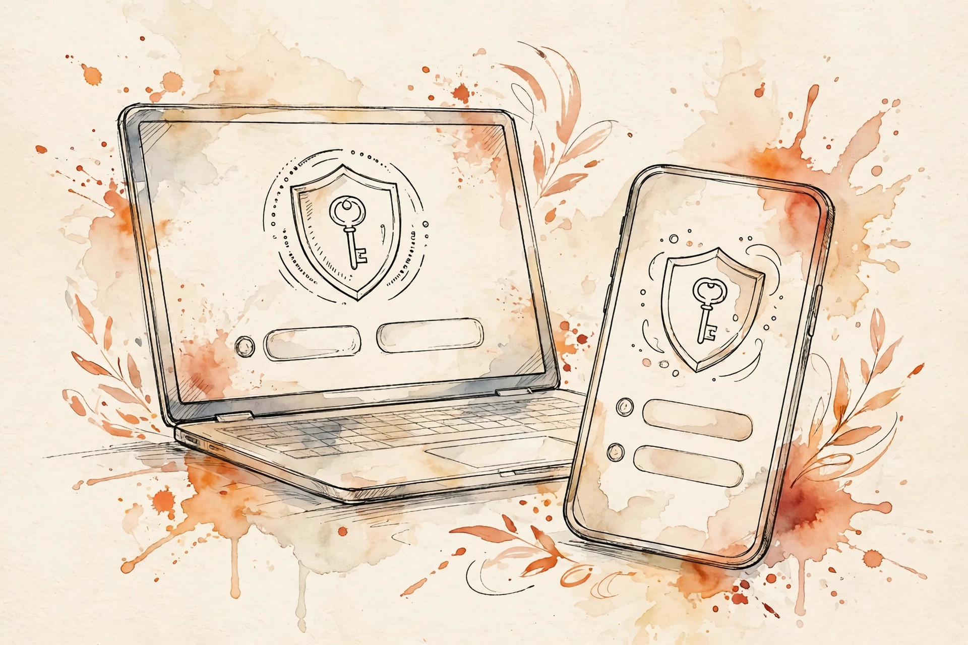 Watercolor illustration of a phone and laptop showing a login screen with a key and shield motif