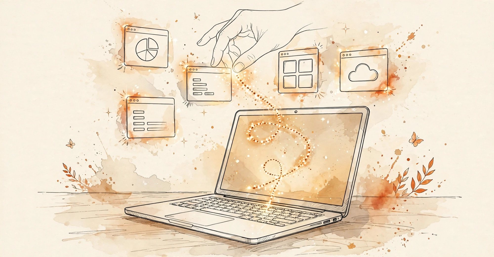 Editorial illustration of a laptop with a glowing cursor arranging floating app windows