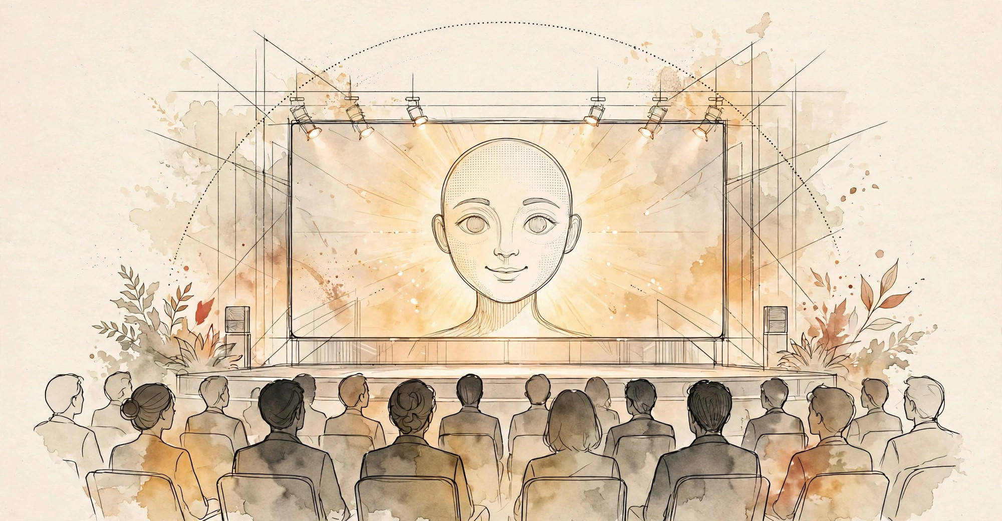 Editorial illustration of a tech keynote stage with a glowing AI avatar face on a giant screen