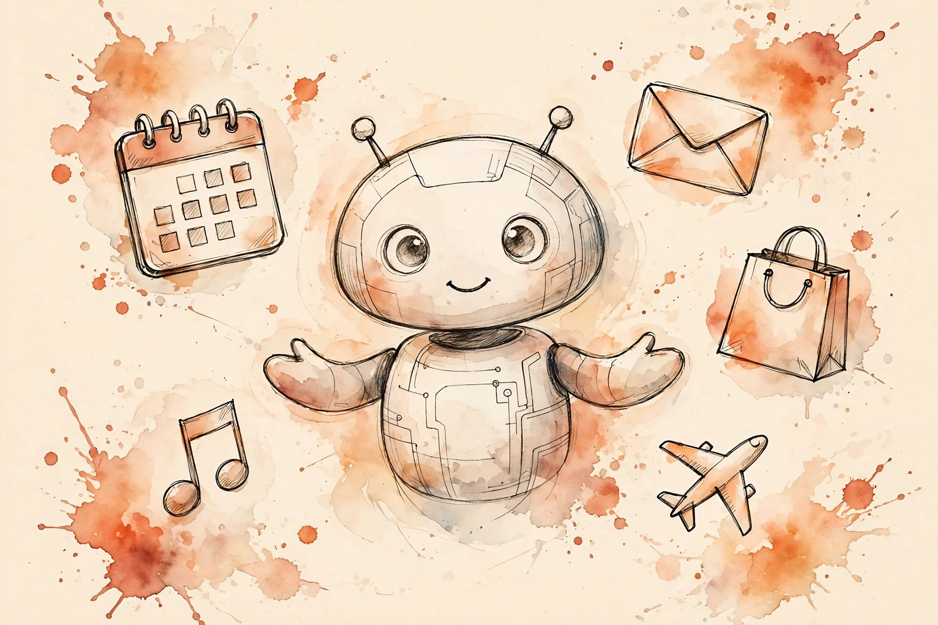 Watercolor illustration of a friendly AI assistant surrounded by floating task icons for calendar, email, shopping and travel