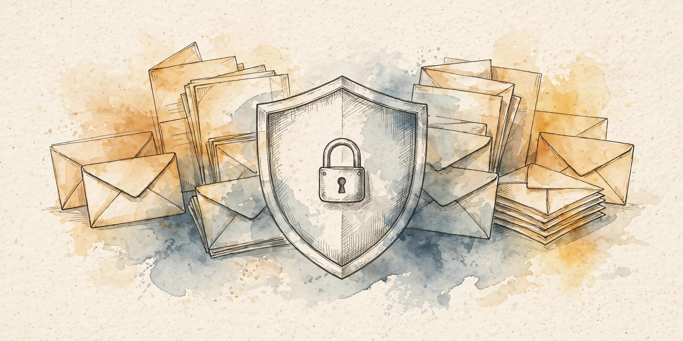 Watercolor illustration of a shield with a padlock surrounded by sealed envelopes