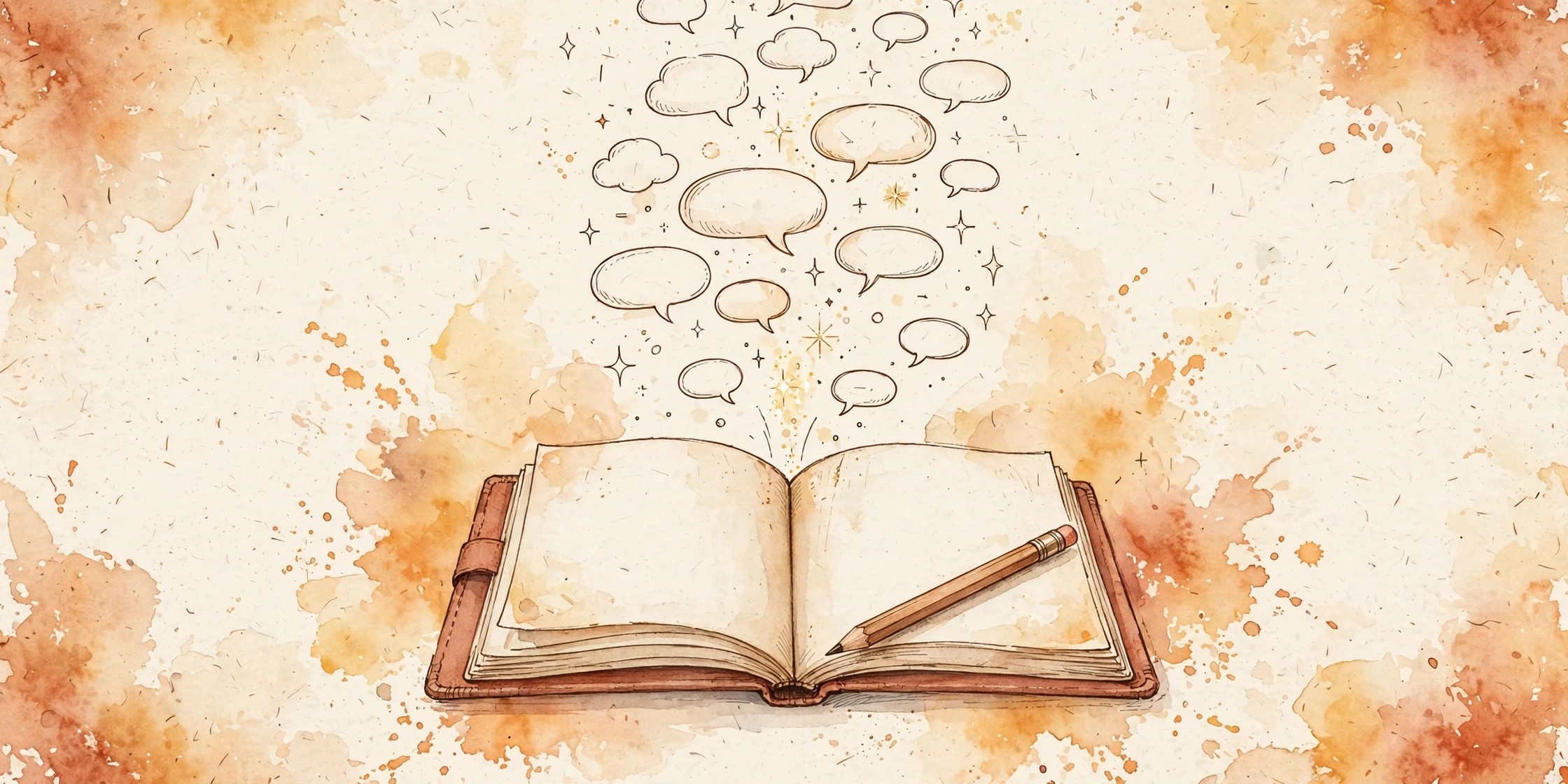 Watercolor illustration of chat bubbles and sparkles rising from an open notebook with a pencil