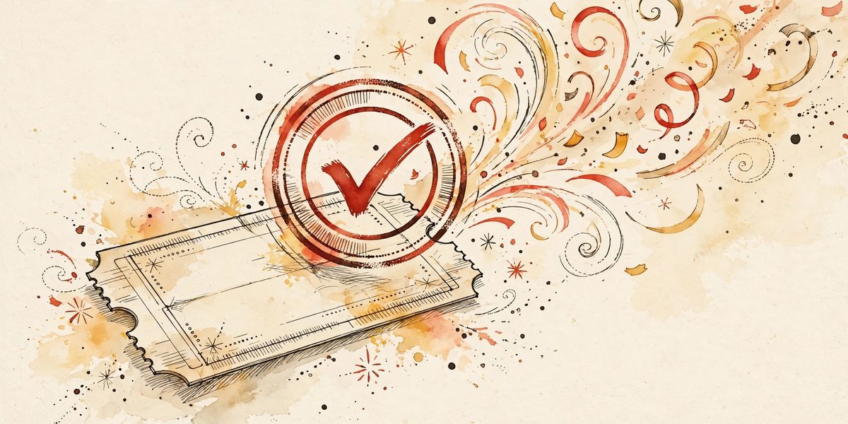 Illustration of a ticket being stamped with approval, symbolizing Muse AI code redemption