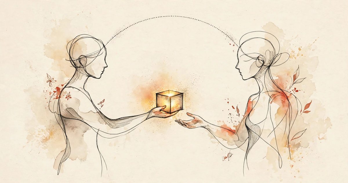 Illustration of two people exchanging a glowing gift, symbolizing a Muse AI referral code