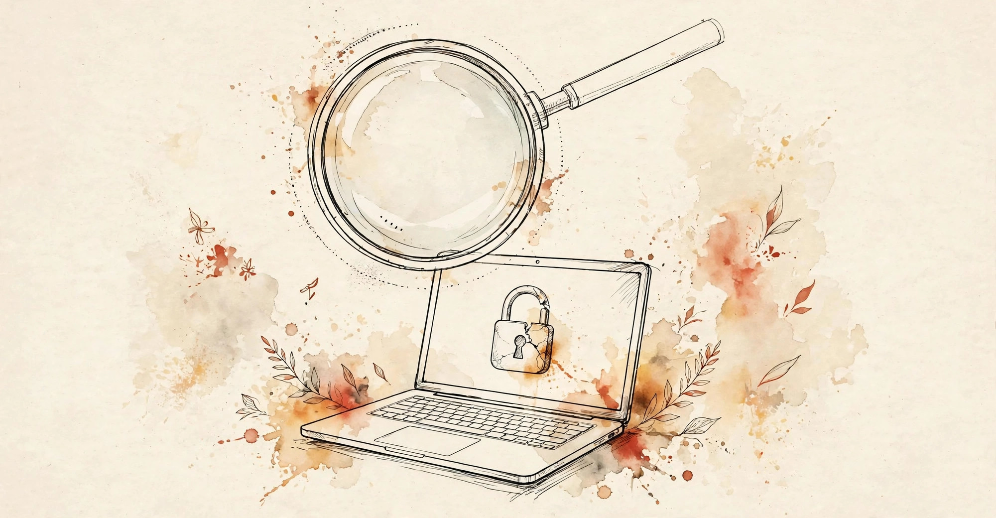 Editorial illustration of a magnifying glass over a laptop revealing a cracked padlock