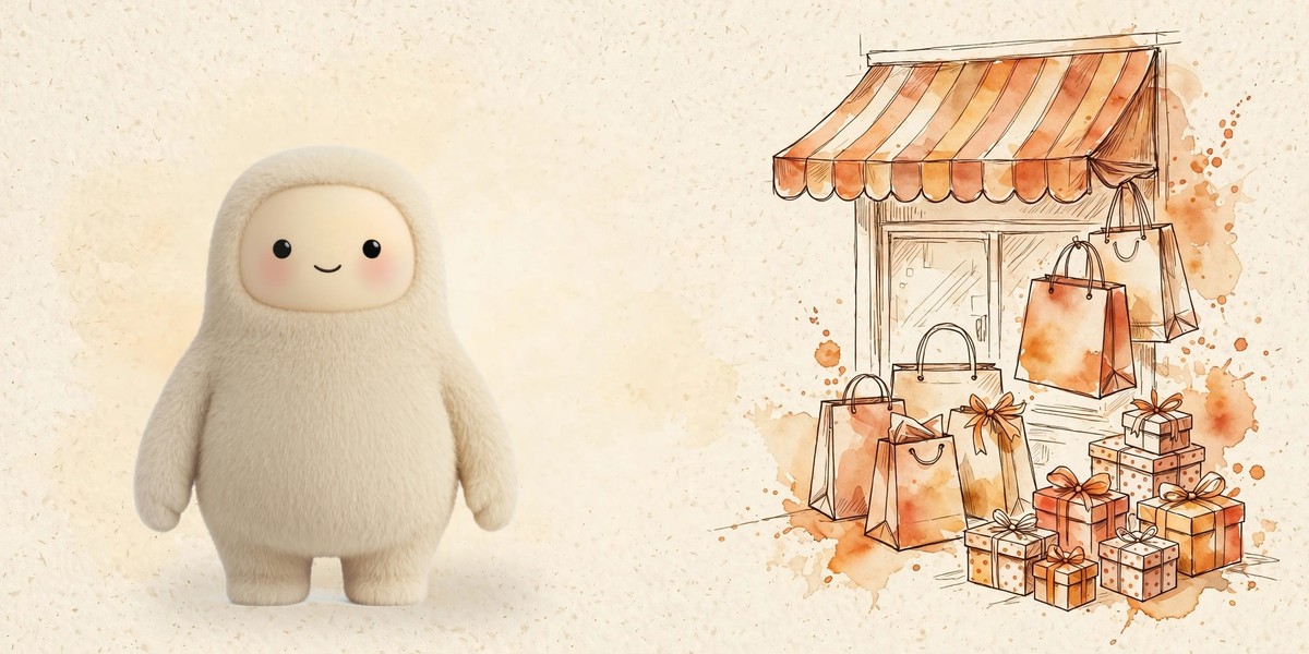 Jolly, Muse's cream avatar, beside a watercolor shopfront with shopping bags and gift boxes