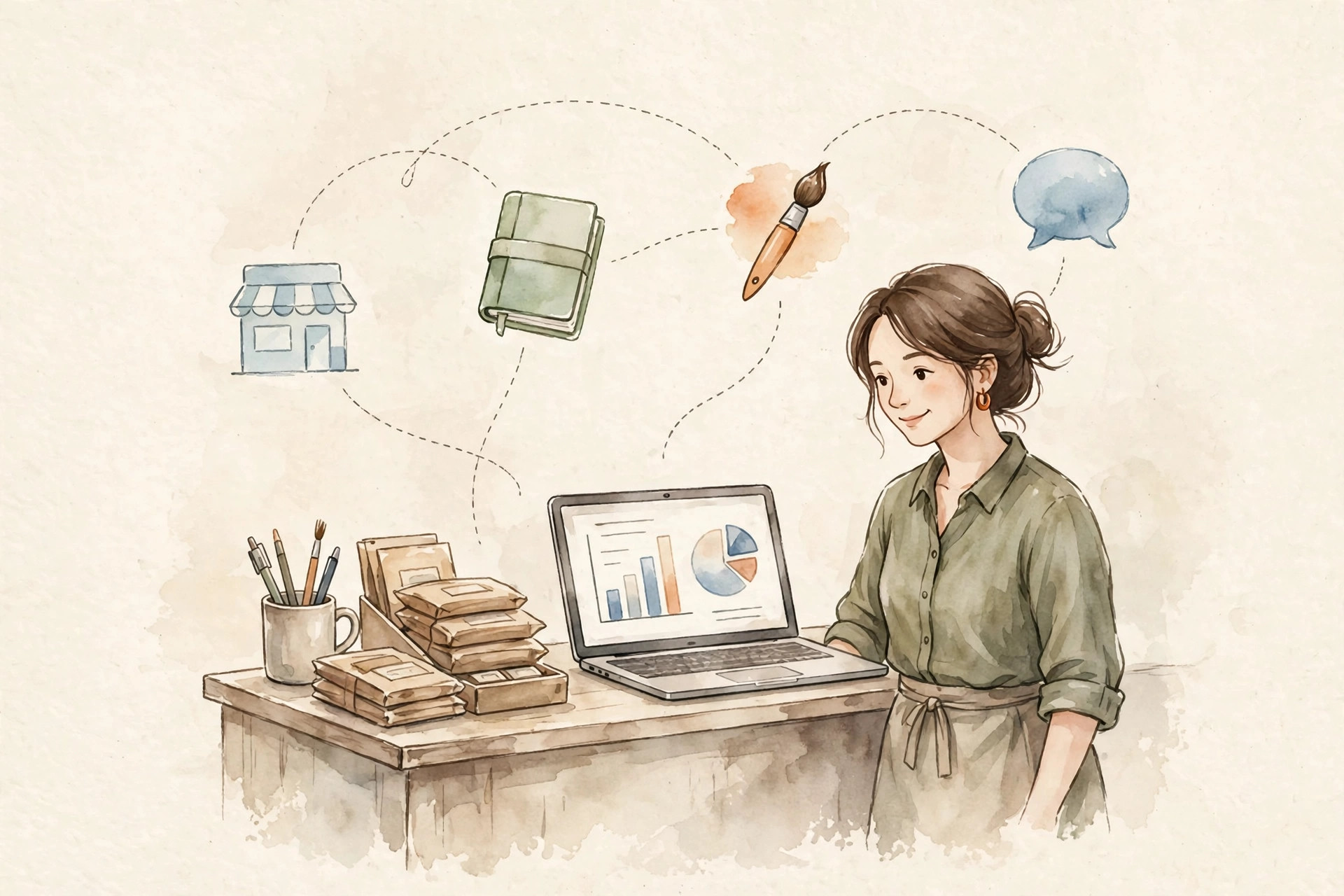 Watercolor illustration of a small shop counter with a laptop showing charts and connected app icons floating above it