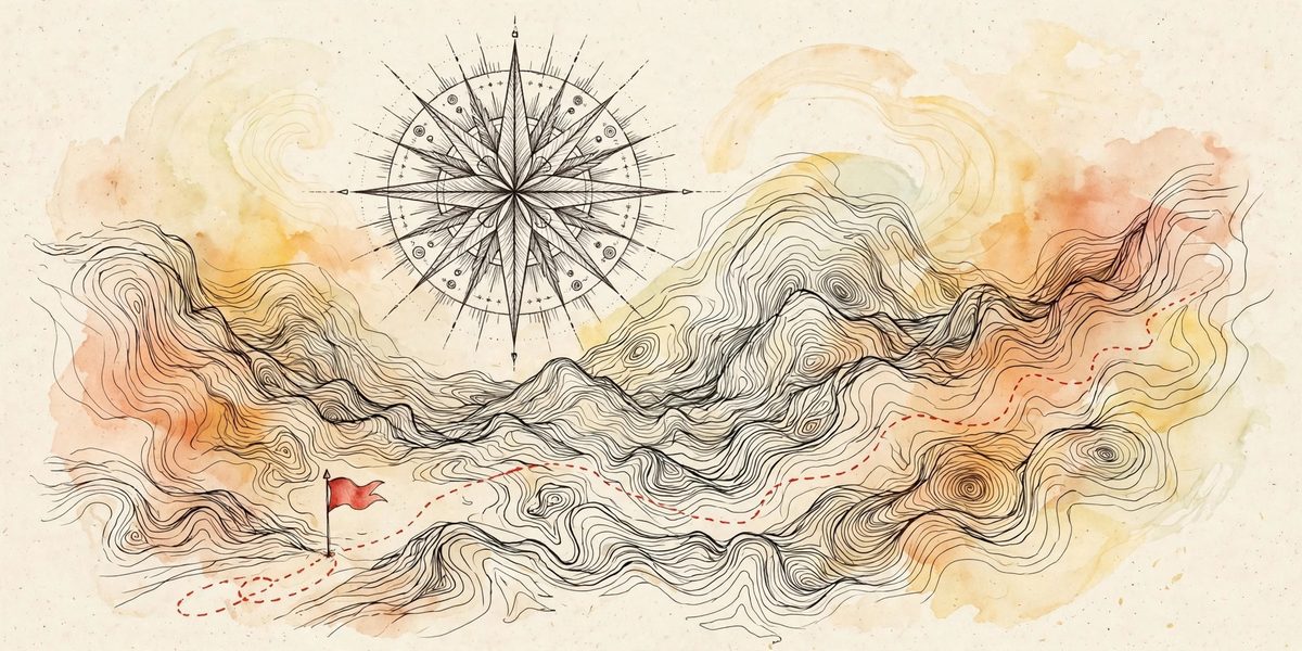 Illustration of a compass over a map with a start flag, symbolizing a Muse AI beginner tutorial