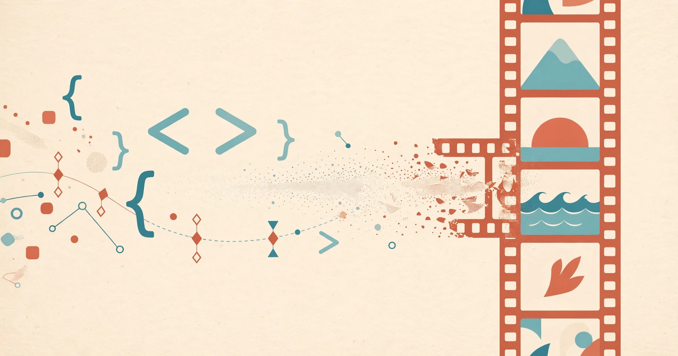 Illustration of a film strip dissolving into HTML code brackets and animation keyframes