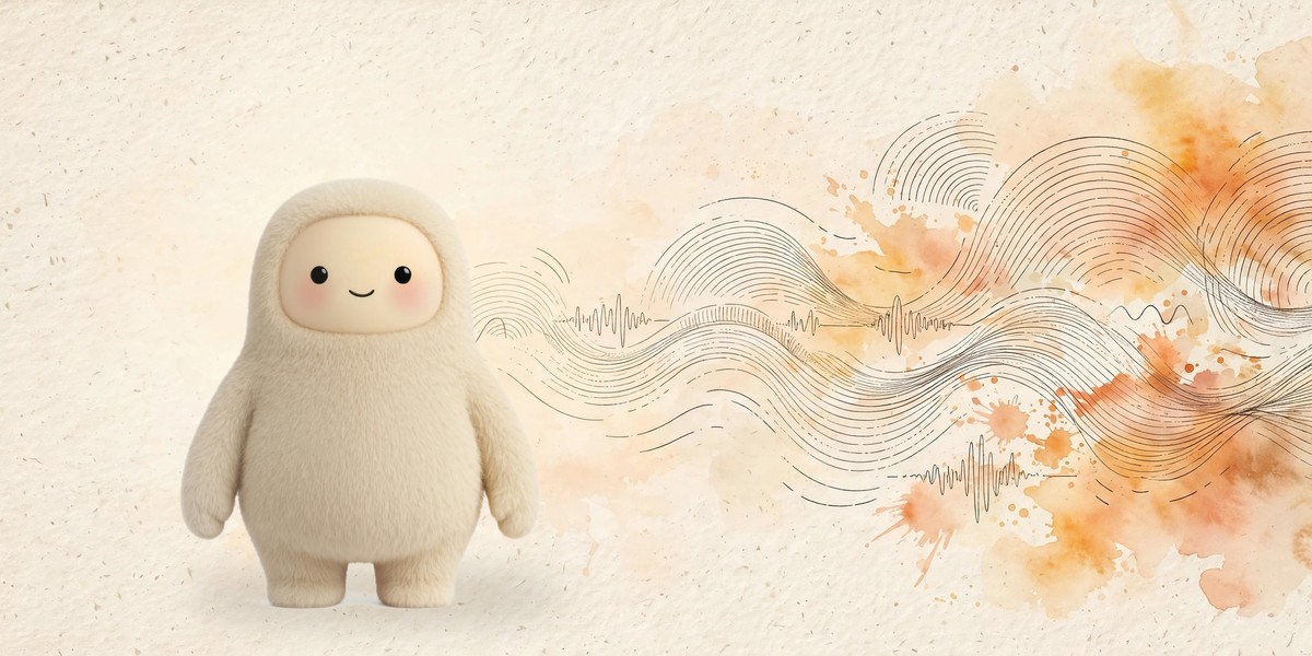 Jolly, Muse's cream avatar, with watercolor sound waves flowing across the scene