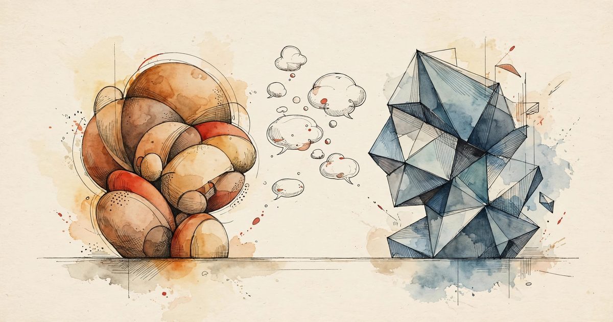 Illustration of two abstract forms in dialogue, symbolizing Muse AI vs Claude comparison