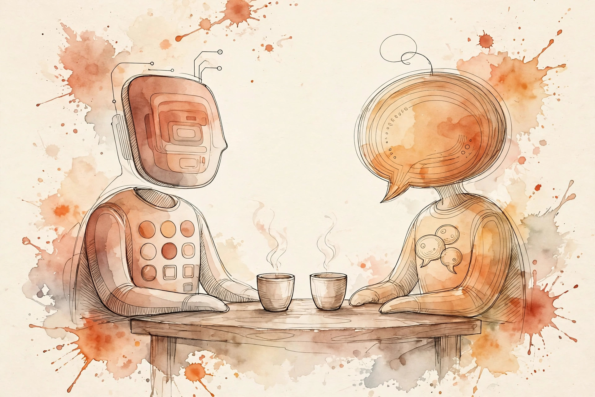 Watercolor illustration of two AI assistant figures facing each other, one with a phone app motif and one with a text message motif