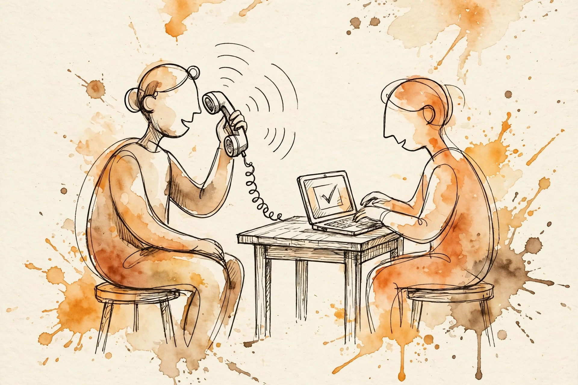 Editorial illustration of two AI assistant figures, one holding a smartphone placing a call and one working at a laptop with approval checkmarks