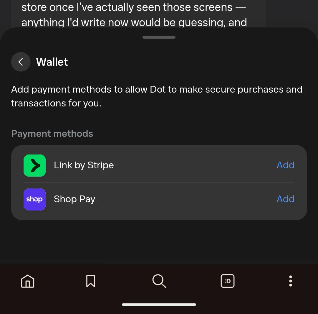 Muse Wallet settings screen showing Link by Stripe and Shop Pay as available payment methods