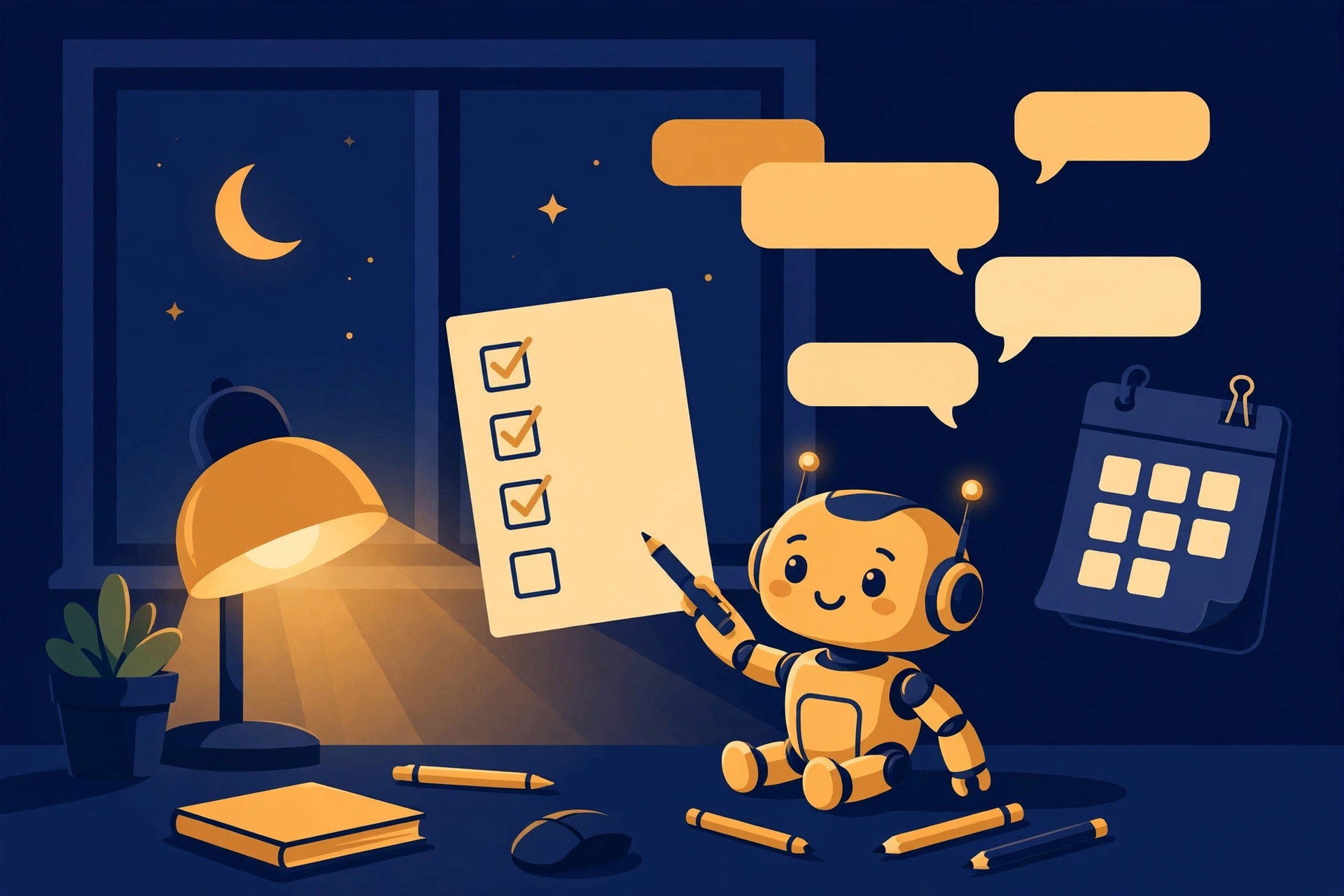 Editorial illustration of a desk lamp glowing at night beside chat bubbles, a calendar, and a small robot working through a to-do list