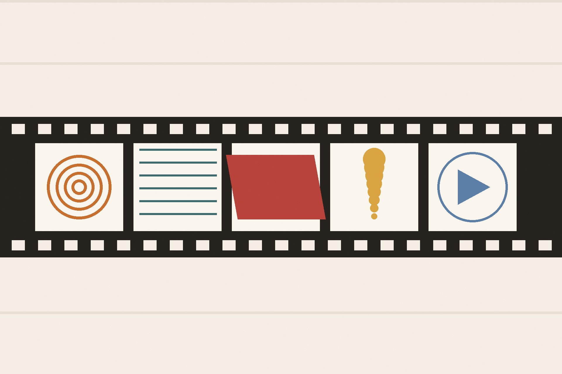 Editorial illustration of a film strip with abstract motion-graphics frames in warm tones