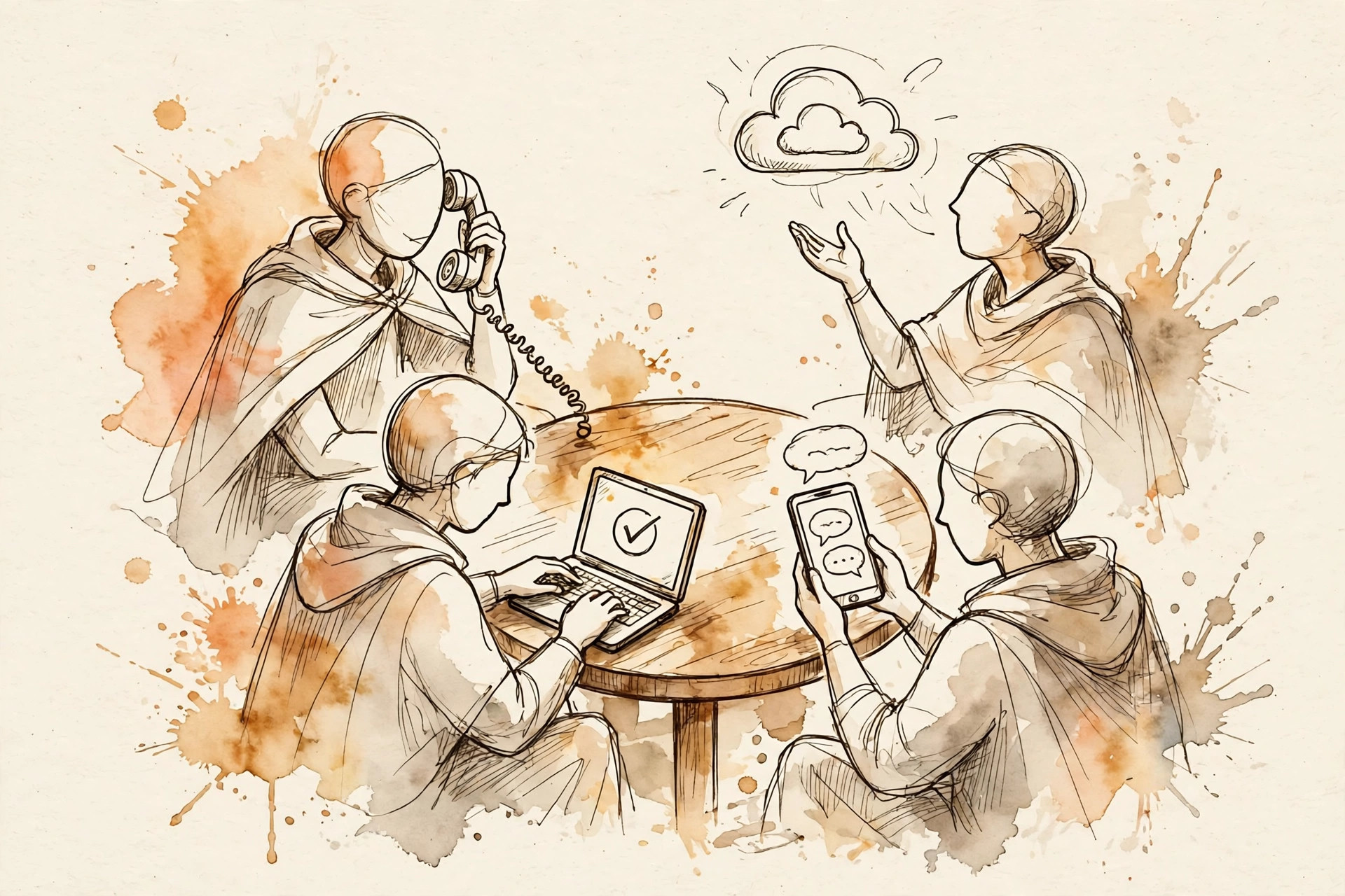 Editorial watercolor illustration of four abstract figures around a table, one on a phone call, one at a laptop, one with a smartphone, one gesturing at a cloud