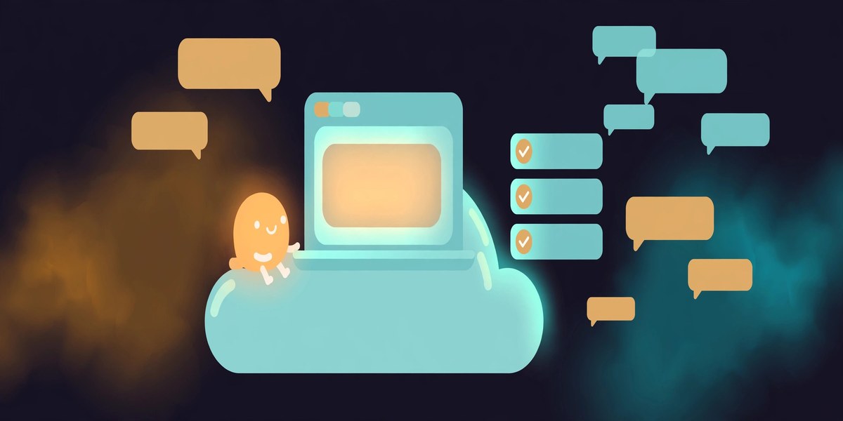 Editorial illustration of a small glowing dot character working at its own tiny cloud computer with a browser window, checklist, and chat bubbles around it