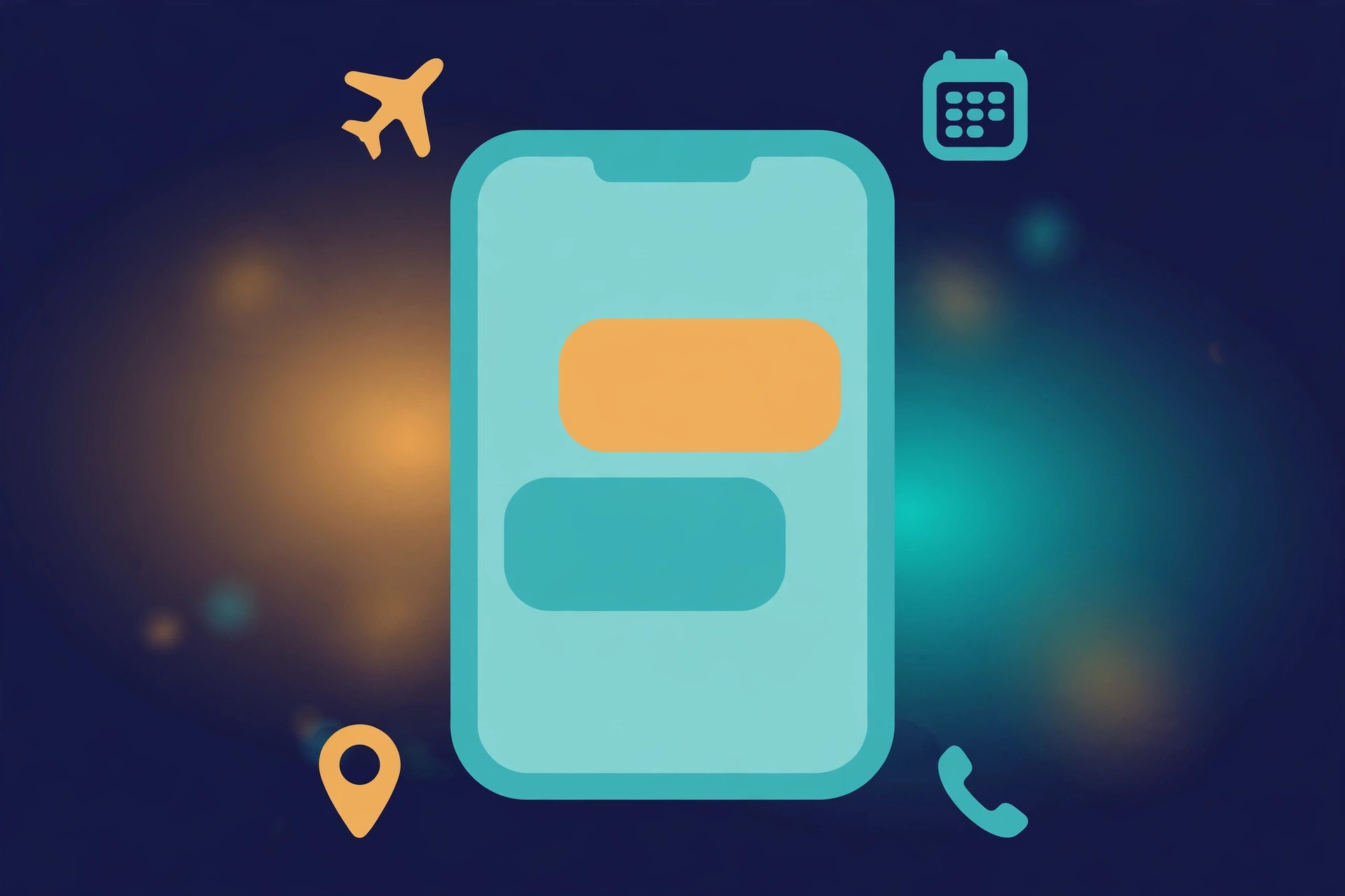Editorial illustration of a smartphone showing a text-message thread with an AI assistant completing errands, small icons for travel, calls, and calendar floating around it