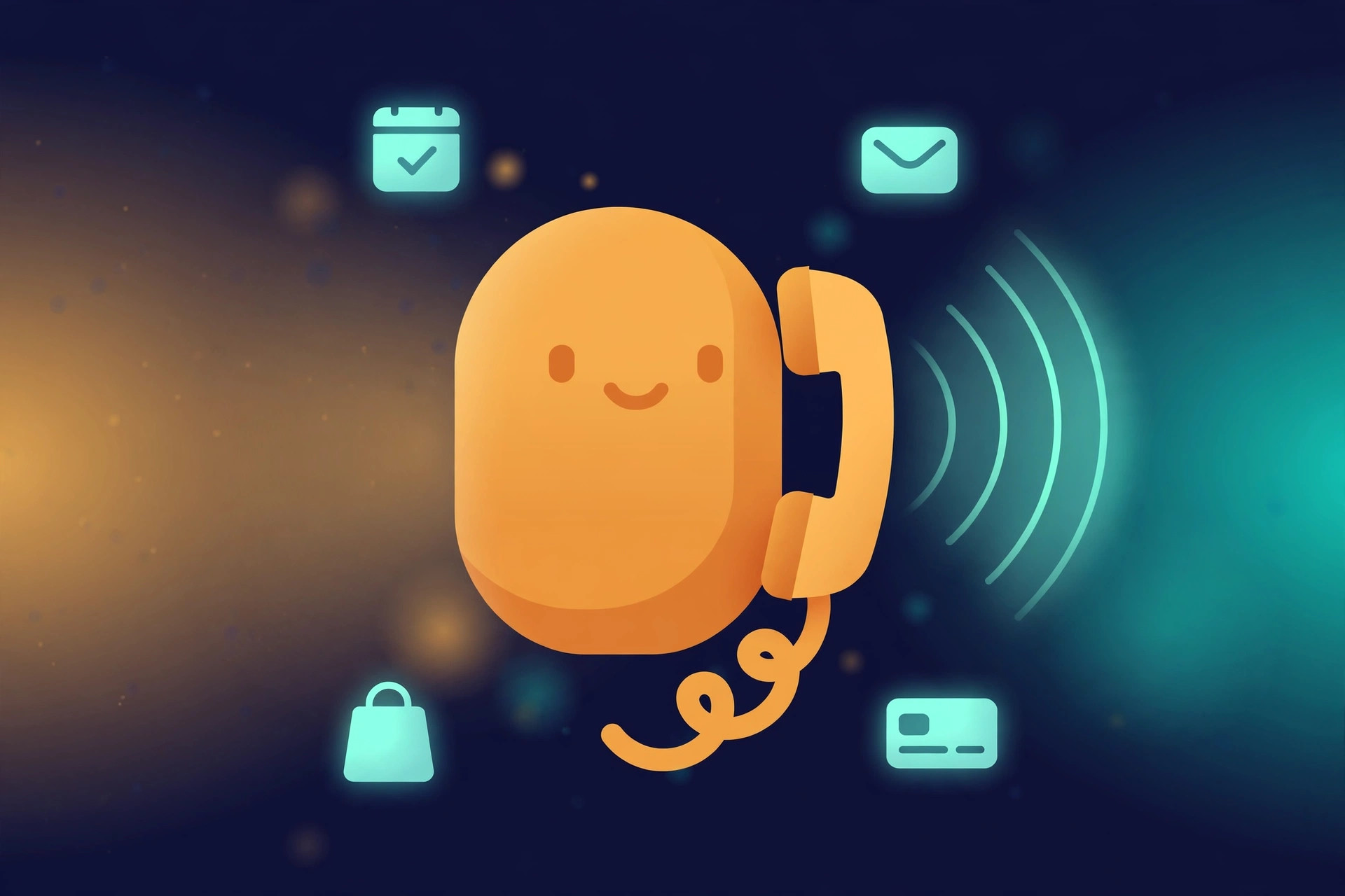 Editorial illustration of a small robot assistant holding a vintage telephone handset, with checkmarks, a calendar, and a credit card floating around it