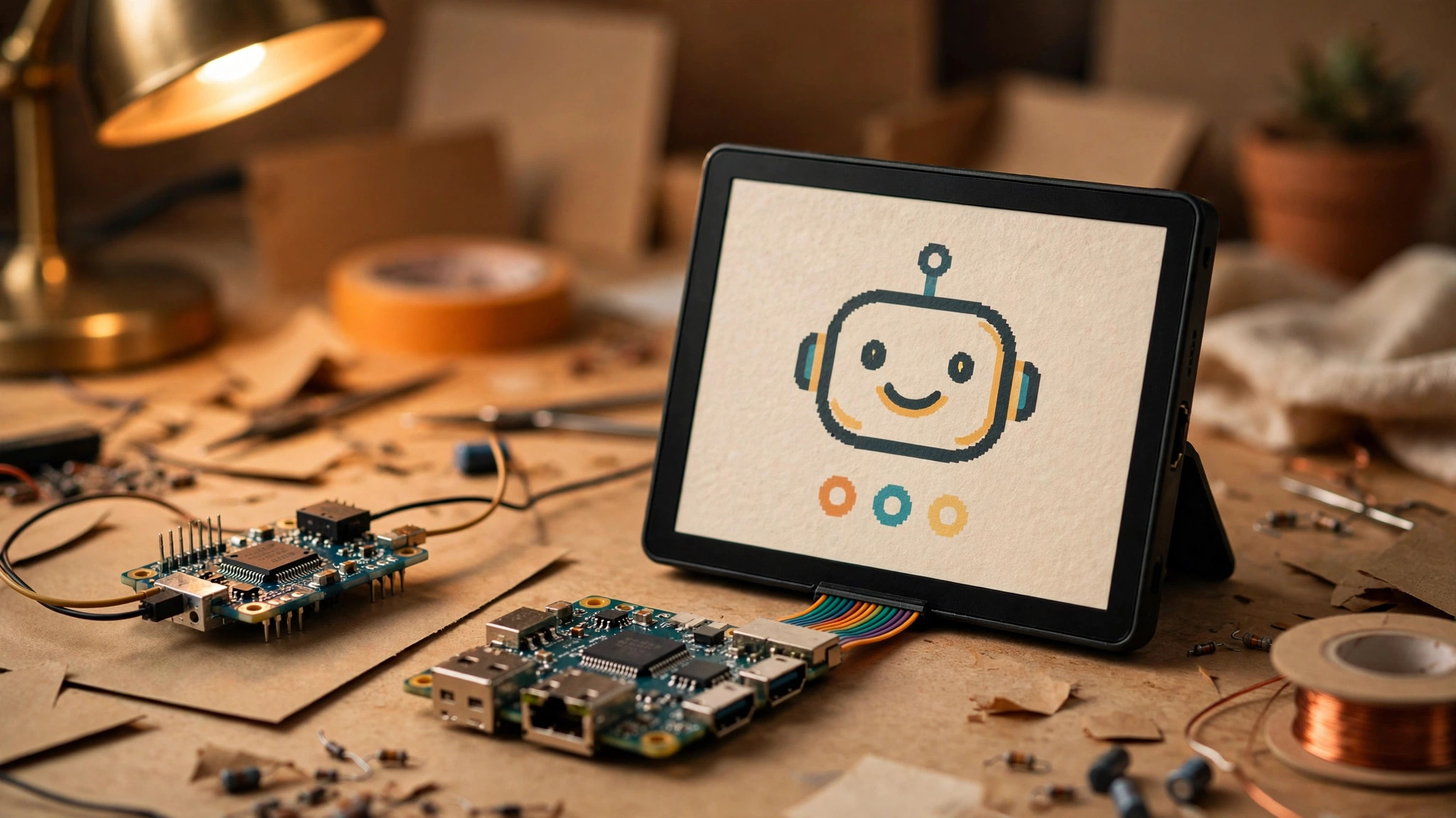 Maker's workbench with ESP32 and Raspberry Pi boards wired to an e-ink display showing a friendly AI assistant face